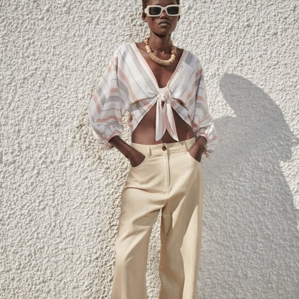 Zara Striped Linen Blend Tie Crop Top